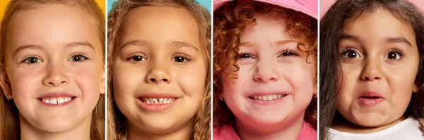 Collage Close Portrait Cute Little Girls Children Smiling Showing Positive — Stock fotografie