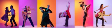 Collage. Different people, men and women dancing different types of classic dance over multicolored background in neon light. Concept of lifestyle, hobby, action, motion, art, fashion