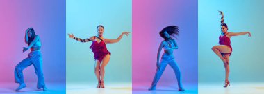 Collage. Tango and hip-hop aesthetics. Young artistic women dancing, performing over multicolored background in neon light. Concept of lifestyle, hobby, action, motion, art, fashion