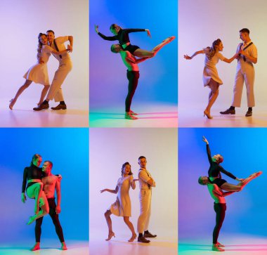 Collage. Combination of modern and classic dance styles. People dancing boogie woogie and contemp, experimental dance over multicolored background in neon. Concept of lifestyle, action, motion, art