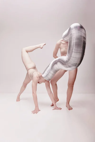 Behaviour Creative Photography Two Young Girls Posing Nude Underwear Beige — Foto de Stock