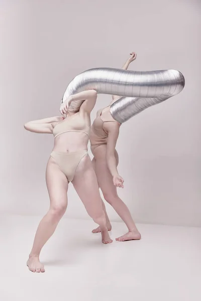 Creative Photography Two Young Girls Posing Nude Underwear Beige Studio — Foto de Stock