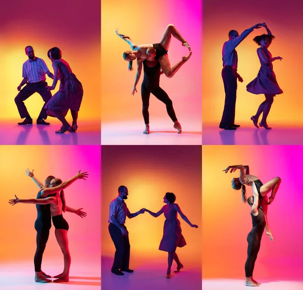 Set Images Stylish Men Women Dancing Bright Clothes Colorful Background — 스톡 사진