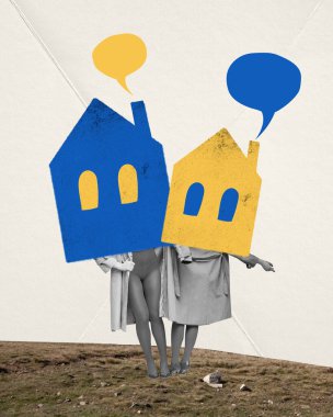 Conceptual design. Young girls standing on empty field with houses on head symbolizing moving to another place. Escaping war in Ukraine. Social conditions, migration, immigration, refugee help concept