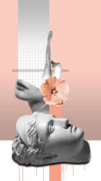 Contemporary Art Collage Creative Surrealistic Design Combination Antique Statue Head — Stockfoto