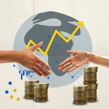 Contemporary art collage. Conceptual design. Business people shaking hands, global financial cooperation, earning money, growth. Concept of financial market, money, business, trade market, strategy
