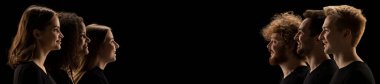 Opposite opinion. Side view portraits of different people, men and women standing at different sides and looking at each other, smiling. Concept of human rights, freedom, diversity, inluence, equality