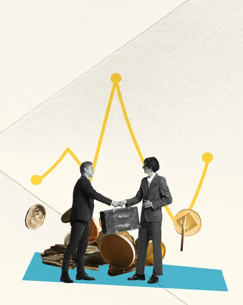 Contemporary Art Collage Conceptual Design Money Exchange Partnership Businessmen Shaking — Stock Photo, Image