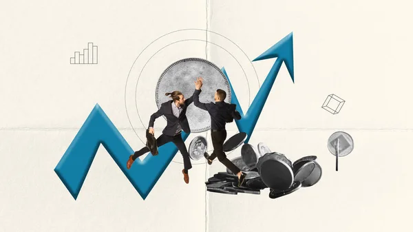 Contemporary Art Collage Conceptual Design High Five Businessmen Celebrating Financial — Stock Photo, Image