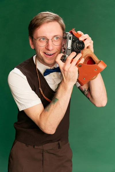 Amateur Photographer Portrait Man Stylish Classical Clothes Shorts Vest Posing — Stock Photo, Image