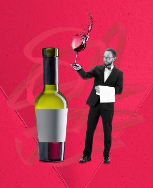 Degustation, tasting. Contemporary art collage, modern design. Young man in black suit with red wine glass isolated on red background. Surrealism. Concept of profession. Copy space for ad, text.