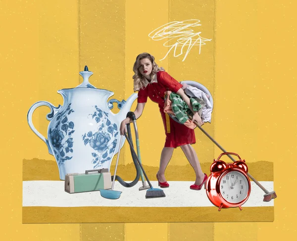 Contemporary Art Collage Creative Design Young Stylish Woman Doing Domestic — Stockfoto