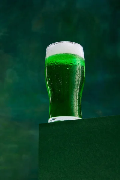 Festival Drink Glass Foamy Frothy Green Beer Dark Green Background — стокове фото