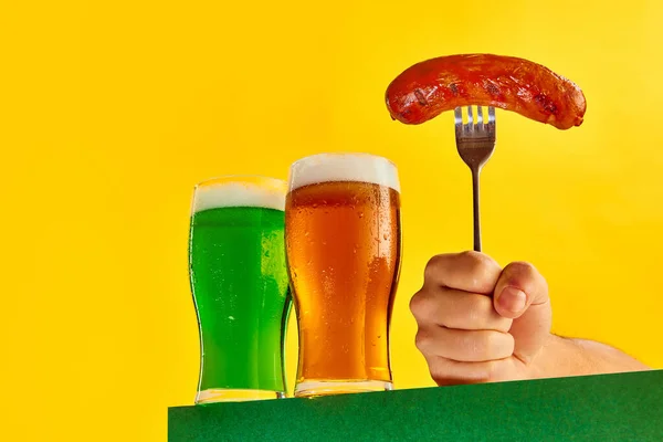 Two Glasses Chill Green Lager Foamy Beer Grilled Sausage Fork — ストック写真