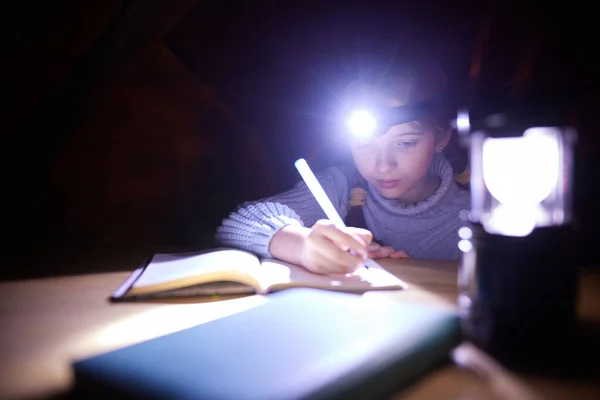 Little School Girl Sitting Table Home Evening Doing Homework Electricity — Stock Photo, Image