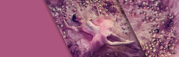 美丽而温柔的年轻女子 穿着华丽衣服的芭蕾舞演员躺在地上 在玫瑰周围摆出粉红的背景 艺术摄影 女性气质 创造力的概念 — 图库照片