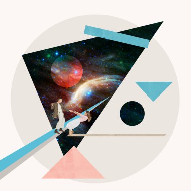 Çağdaş sanat kolajı. Güzel genç bir çift, kozmos dizaynı üzerinde dans eden kadın ve erkek. Romantizm. Sürrealizm. Geleceğin yaratıcı tasarımı. Soyut sanat. İlham ve yaratıcılık kavramı