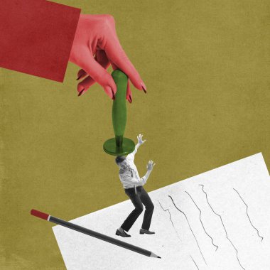 Çağdaş sanat kolajı. Kavramsal tasarım. Çalışanları kovmak ya da işe almak. Kadın eli belgeye pul yapıştırıyor. İş kavramı, kariyer gelişimi, mesleki zorluklar