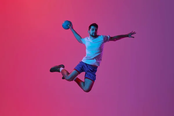 Throwing Ball Jump Young Man Professional Handball Player Training Playing — Φωτογραφία Αρχείου