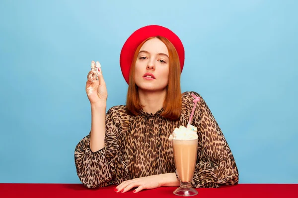 Whipped Cream Young Woman Red Beret Tasting Delicious Sweet Milkshake — Foto de Stock