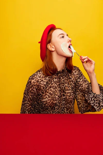 Beautiful Young Girl Stylish Red Beret Tasting Whipped Cream Yellow — Foto de Stock