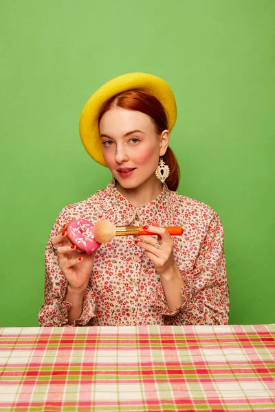 Colorful Mood Beautiful Girl Blushing Cheeks Eating Pink Donut Green — Stok fotoğraf