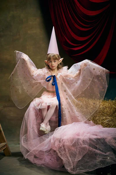 Beautiful Cute Little Girl Image Magic Fairy Elf Posing Pink — Stockfoto