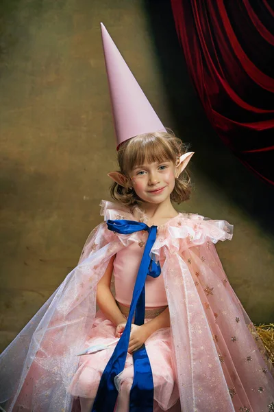 Beautiful Cute Little Girl Image Magic Fairy Elf Posing Pink — Stockfoto