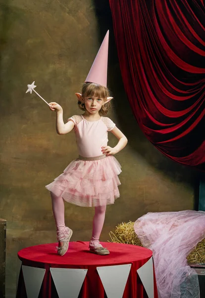 Magic Little Cute Girl Kid Image Magical Elf Posing Pink — Stock Photo, Image