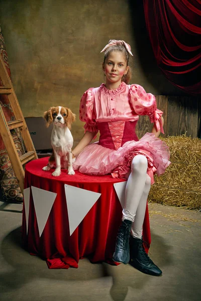Beautiful Little Girl Festive Pink Dress Posing Smart Cute Dog — Stock Photo, Image