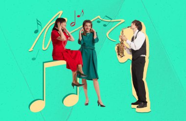 Contemporary art collage. Creative design. Young man playing saxophone for beautiful girls covering ears. Amateur musician. Concept of occupation, profession, art, retro style, creativity