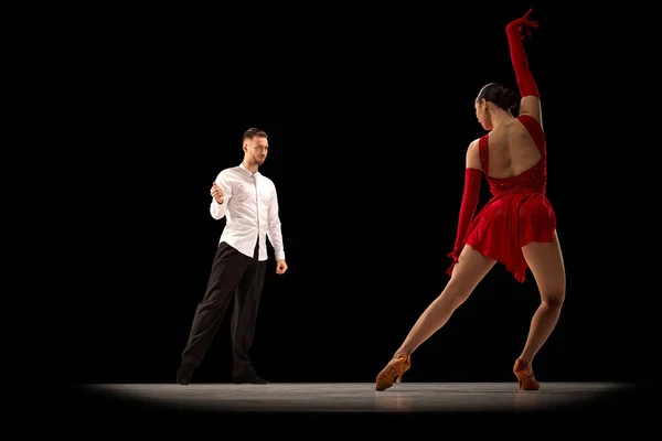 Young Man Woman Professional Dancers Performing Dancing Tango Ballroom Black — Stock Photo, Image