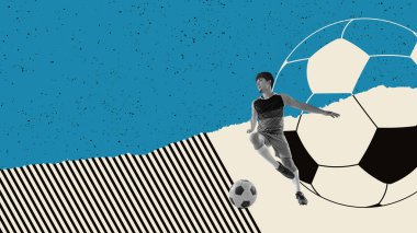 Modern creative design. Contemporary art. Banner. Young football player in motion, training over multicolored abstract background. Concept of sport, motion, action, competition. Bright colors