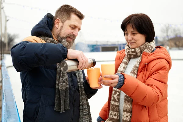 Warming Drink Middle Aged Couple Man Woman Visiting Open Air — Stock Photo, Image