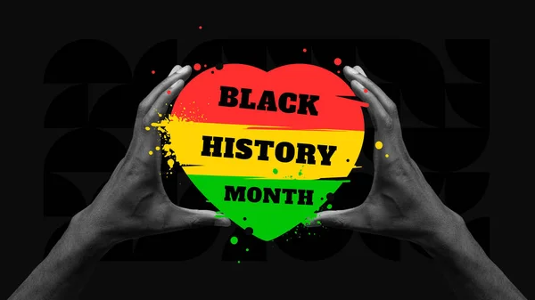 African-american history. Human hands holding colorful heart with red yellow green colors over black background. Black History Month. Banner, poster. Human rights, freedom, history, american culture