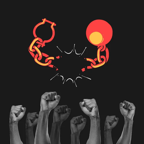Breaking slave chains. Human hands with fists up over black background. Black history Month. Freedom of african people. Banner, poster. Concept of human rights, history, discrimination and activism.
