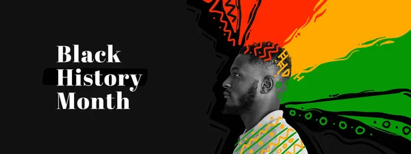 stock image Racial equality. African-american man in red yellow green colors over black background with american flag. Black History Month. Banner, poster. Concept of human rights, freedom, history, dactivism.