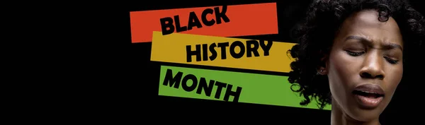 African-american woman over black background with red yellow green colors. Racial equality. Black History Month. Banner, poster. Concept of human rights, history, discrimination and activism.