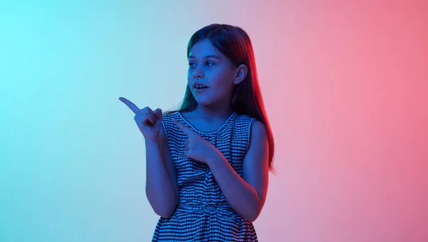 Sales Information Little Girl Child Posing Pointing Fingers Gradient Blue — Stockfoto
