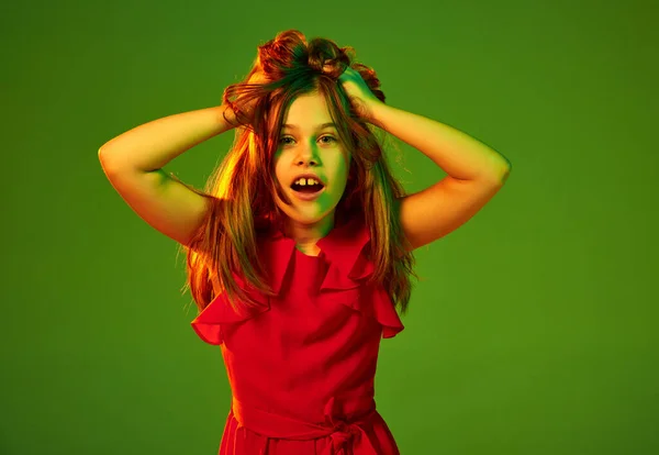 Good Mood Little Beautiful Girl Child Red Outfit Posing Green — Stockfoto