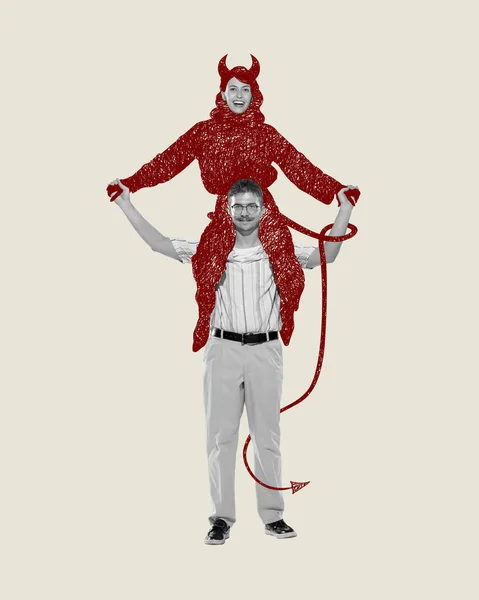 Contemporary art. Man holding on shoulders woman in image of devil. Hidden self. Diverse in personality. Acceptance. Psychology, relationship, inner world, mental health, feelings. Conceptual art