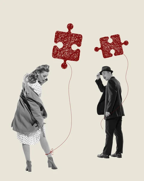 Contemporary art collage. Connecting love puzzles. Man and woman meeting and falling in love. Destiny threads. Concept of psychology, relationship, inner world, mental health, feelings. Conceptual art
