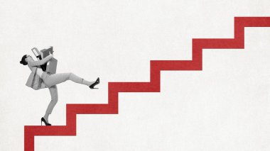 Contemporary art collage. Hard-working woman, employee holding folders and moving up the stairs. Difficult way to success and professional growth. Concept of business, career development, challenges