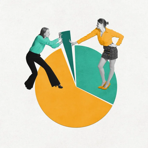 stock image Contemporary art collage. Professional fight. Two women, employees on circle graph, analytics having working challenges on dividing graph element. Concept of business, career development, competition