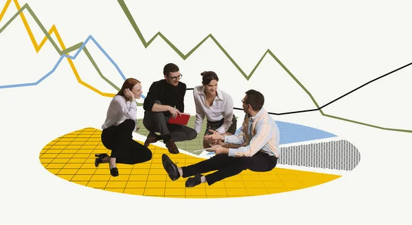Positive Strategy Contemporary Art Collage Motivated Employees Team Sitting Discussing — Stock Photo, Image