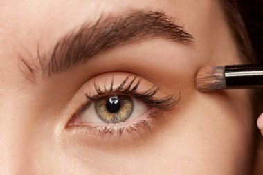 Close-up image of beautiful female eyes with nude eyeshadows. Doing makeup with brush. Make-up artist. Concept of natural beauty, skincare, cosmetology, cosmetics, health, art
