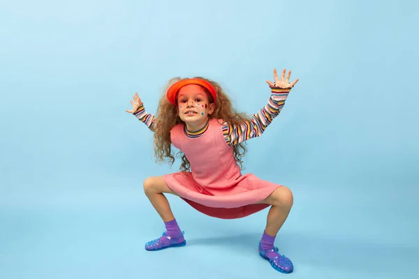 Emotional Playful Kid Little Cute Girl Child Curly Hair Posing — Stockfoto