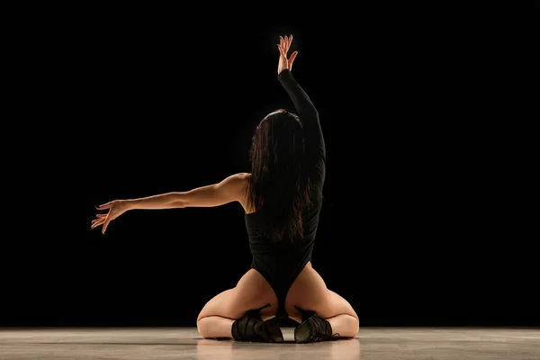 Back View Young Woman Bodysuit Heels Dancing Performing Posing Black — Foto de Stock