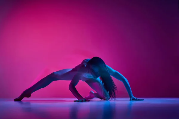 Hidden Feelings Young Woman Dancing Bodysuit Gradient Pink Studio Background — Stok fotoğraf