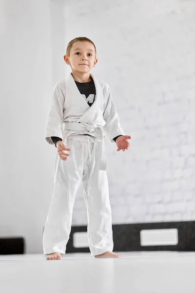 Portrait Little Boy Child White Kimono Attending Sport Class Training — Stockfoto